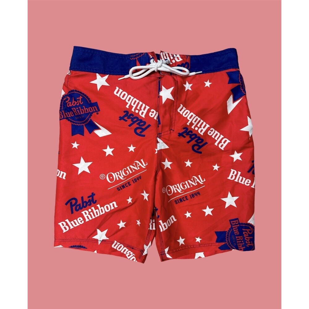 Pabst Blue Ribbon Beer PRB Board Swim Shorts Red White Blue Men's Size Small